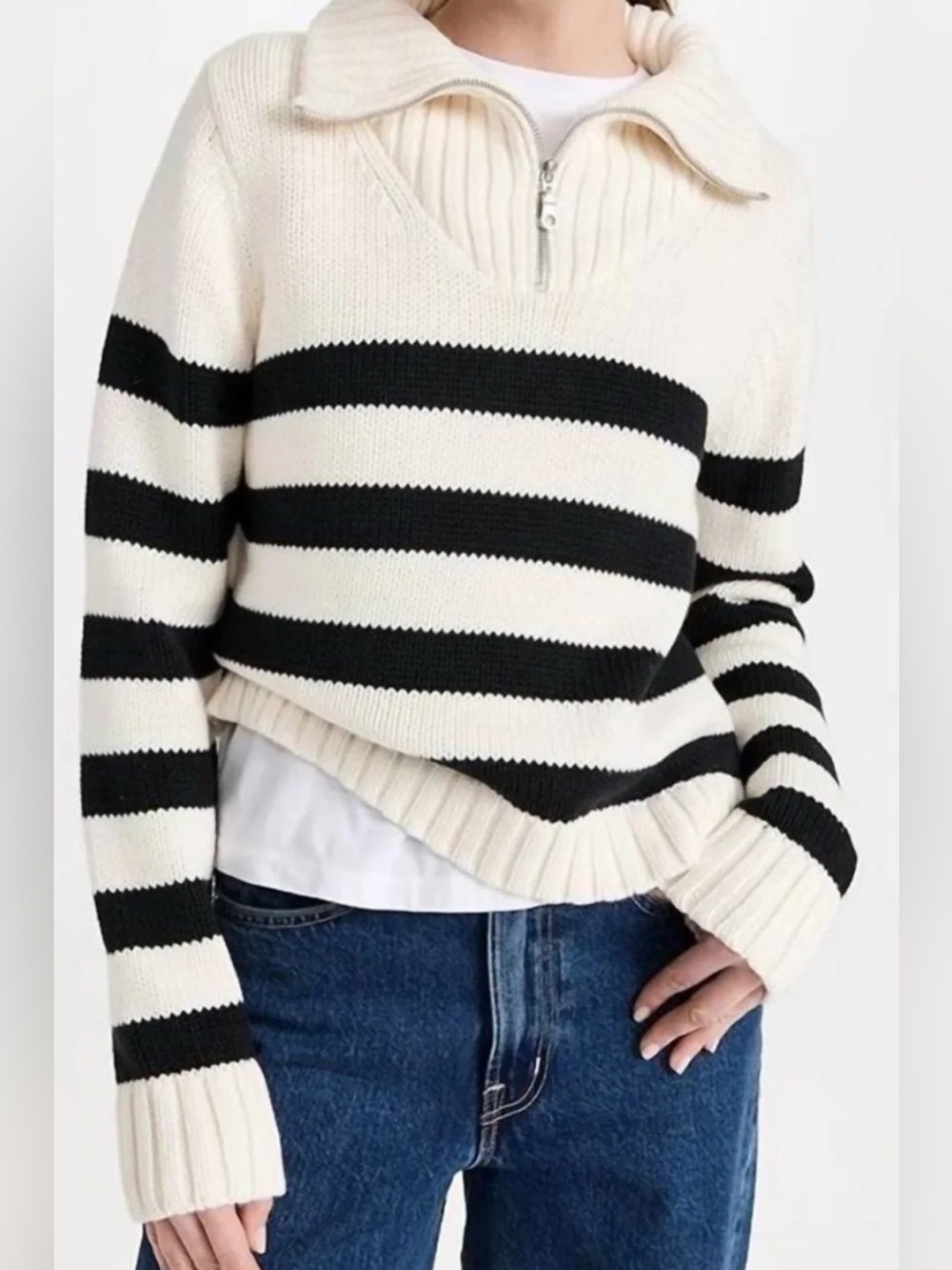 Kule The Matey Cream Black 1/4 Zip Crop Sweater Mock Neck Striped S